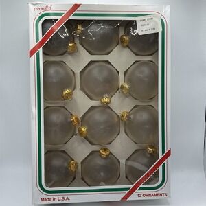 Vintage Box of 12 Pyramid Frosted Ornaments Glass Bulbs Balls Christmas USA